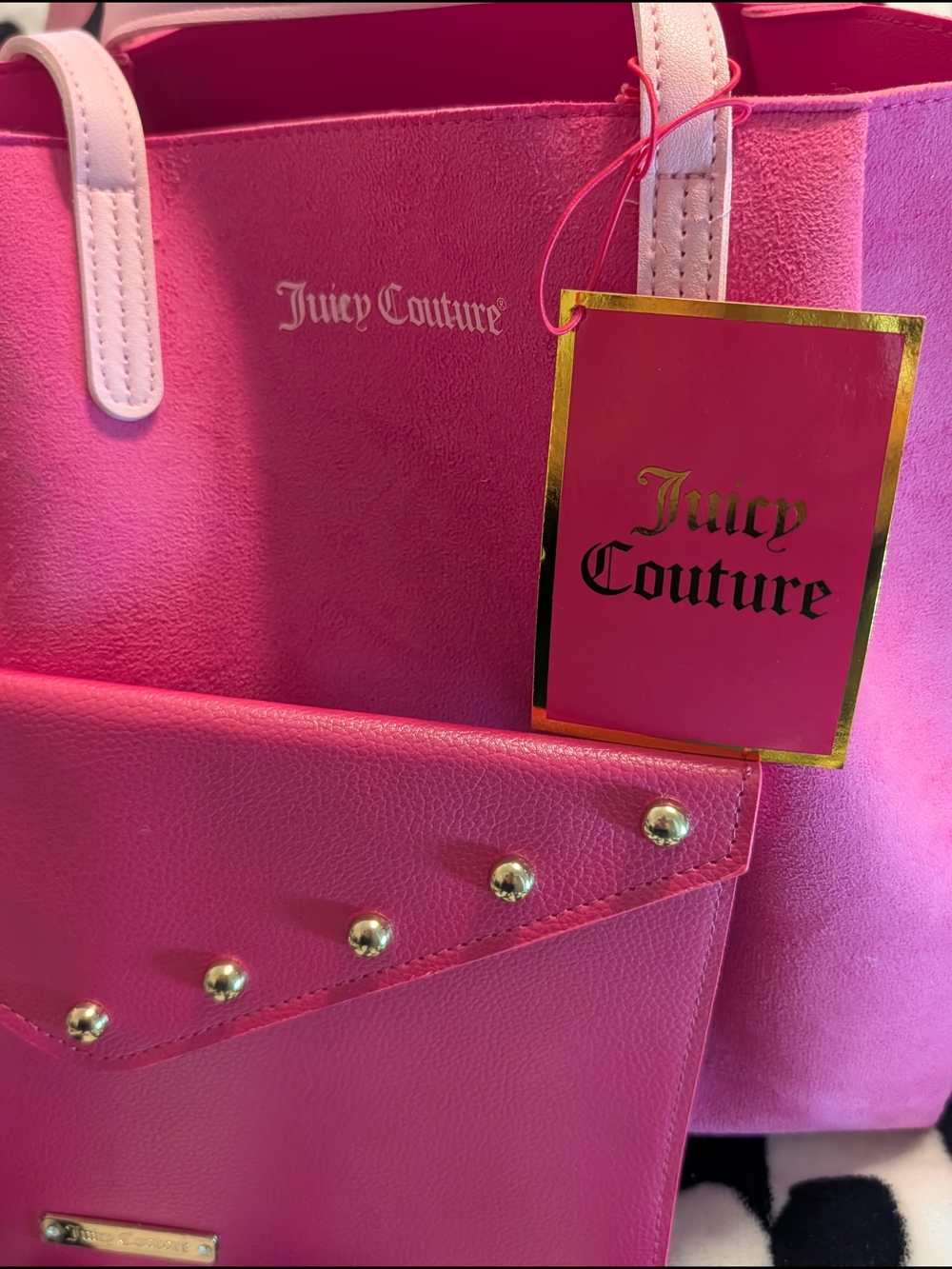 🆕 Juicy Couture Pink Tote with Pink Studded Clutch - Picture 3 of 16